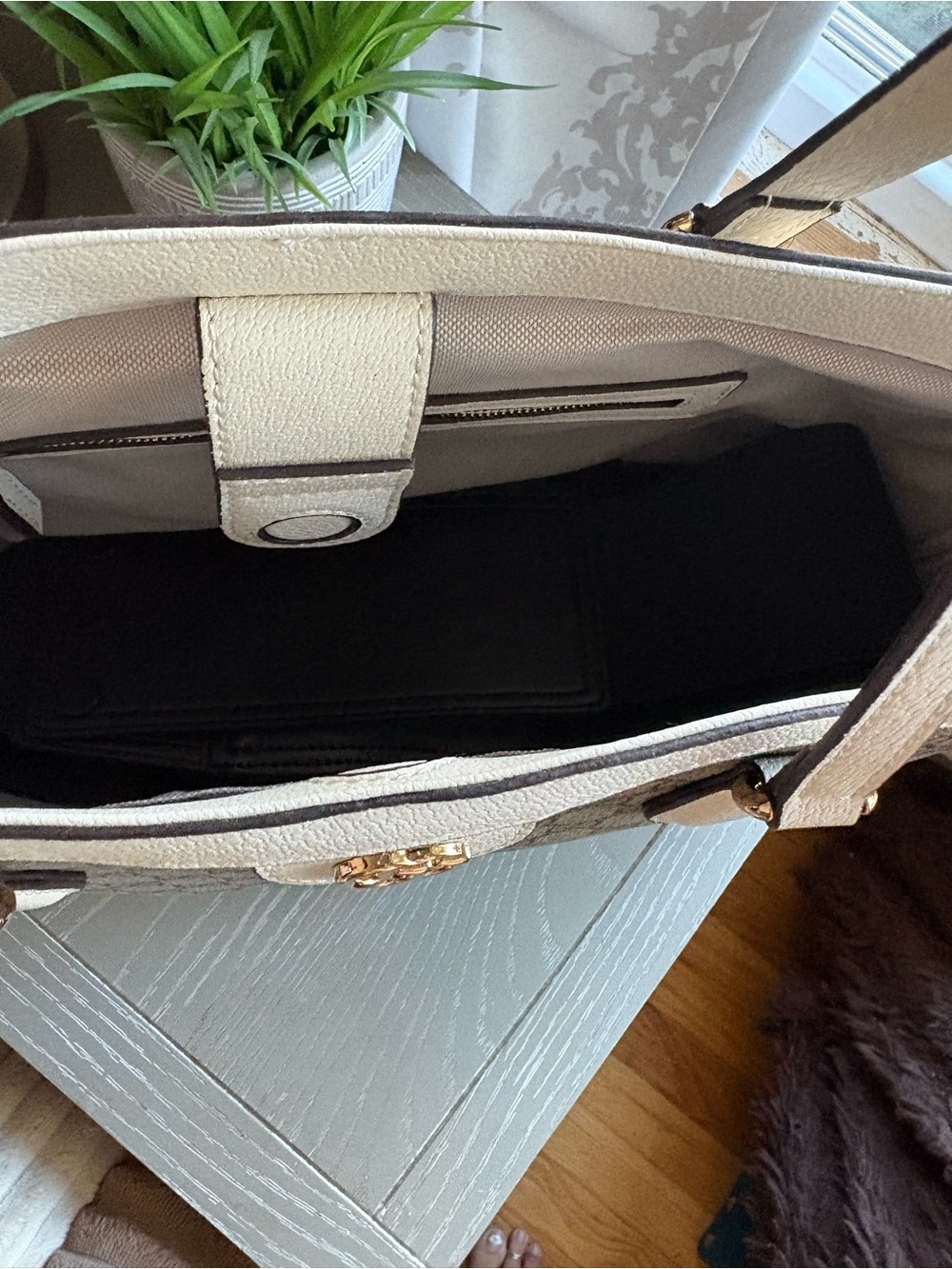 FASHION Beige Supreme Tote with Red & Blue Web Stripe and Cream Trim - Picture 7 of 10